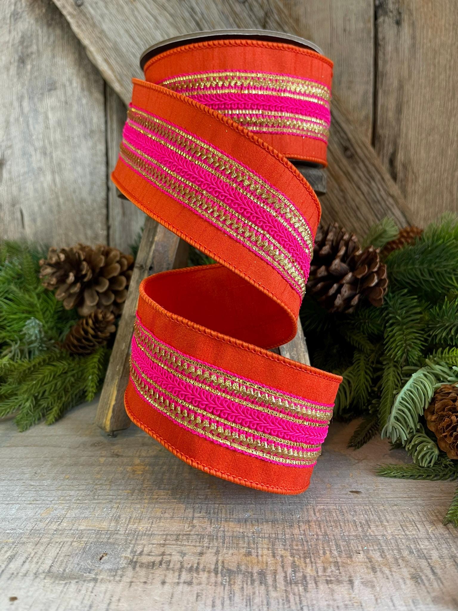 2.5" Orange & Pink Stripe Ribbon, Christmas Ribbon, Pinkmas Ribon