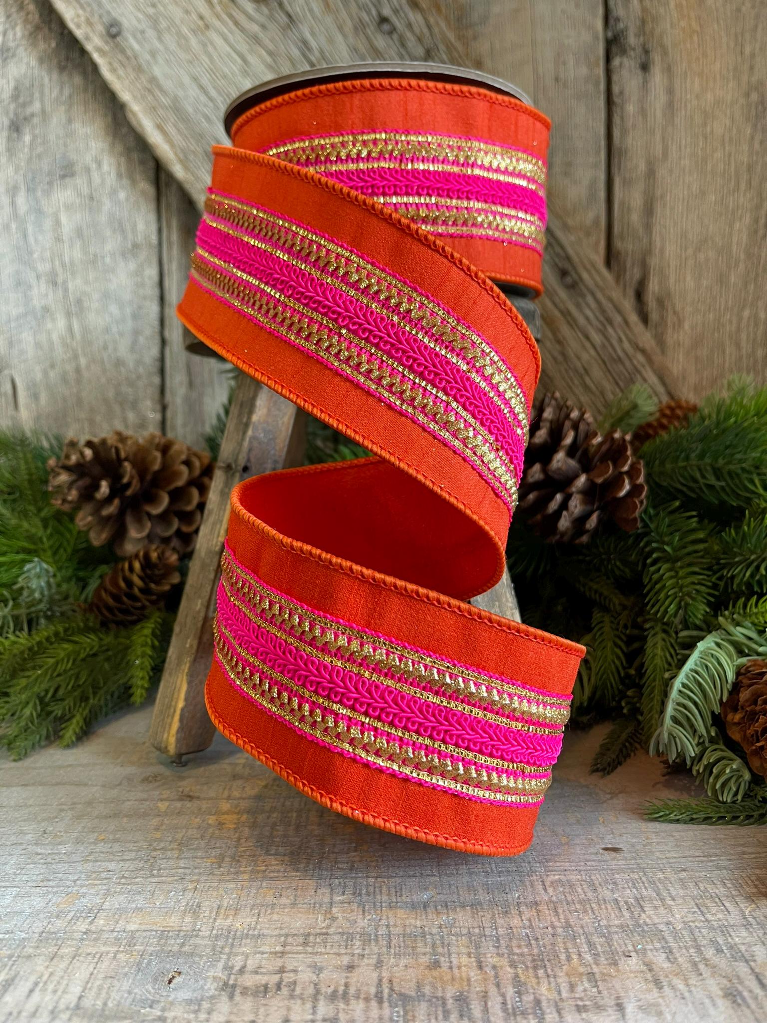 2.5" Orange & Pink Stripe Ribbon, Christmas Ribbon, Pinkmas Ribon