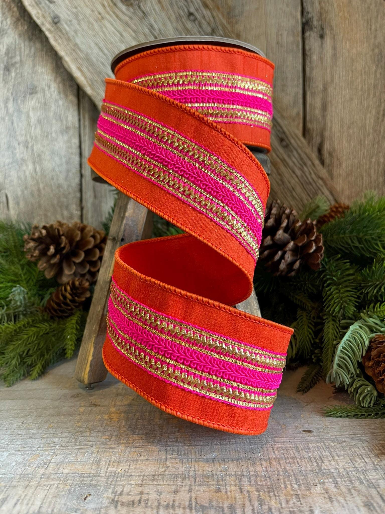 2.5" Orange & Pink Stripe Ribbon, Christmas Ribbon, Pinkmas Ribon