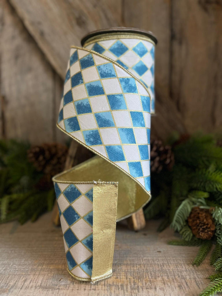 4" Harlequin ribbon, Blue and White Jester Ribbon