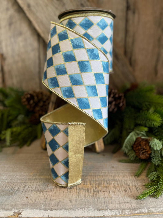 4" Harlequin ribbon, Blue and White Jester Ribbon, Harlequin RIbbon