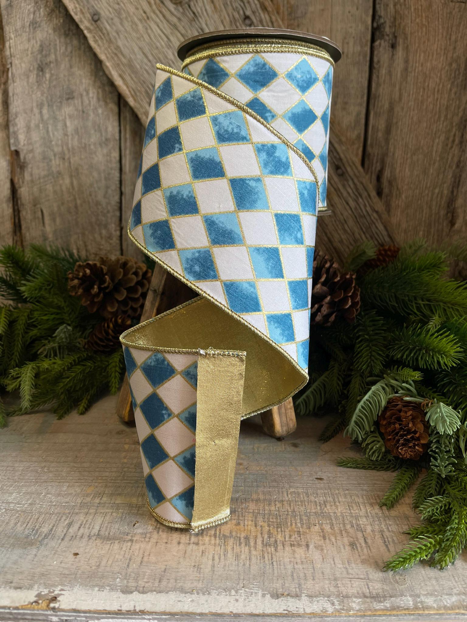 4" Harlequin ribbon, Blue and White Jester Ribbon, Harlequin RIbbon