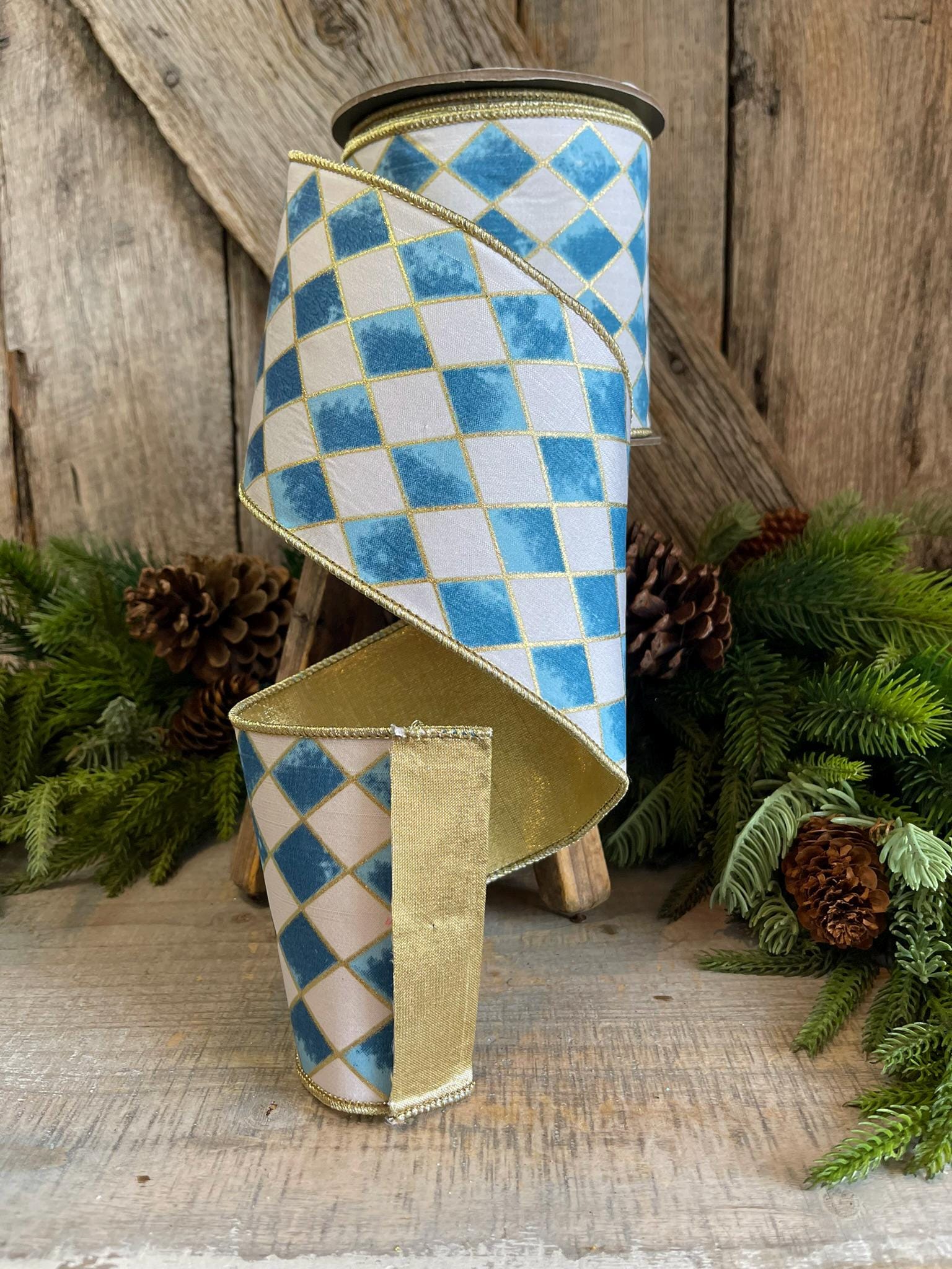 4" Harlequin ribbon, Blue and White Jester Ribbon, Harlequin RIbbon