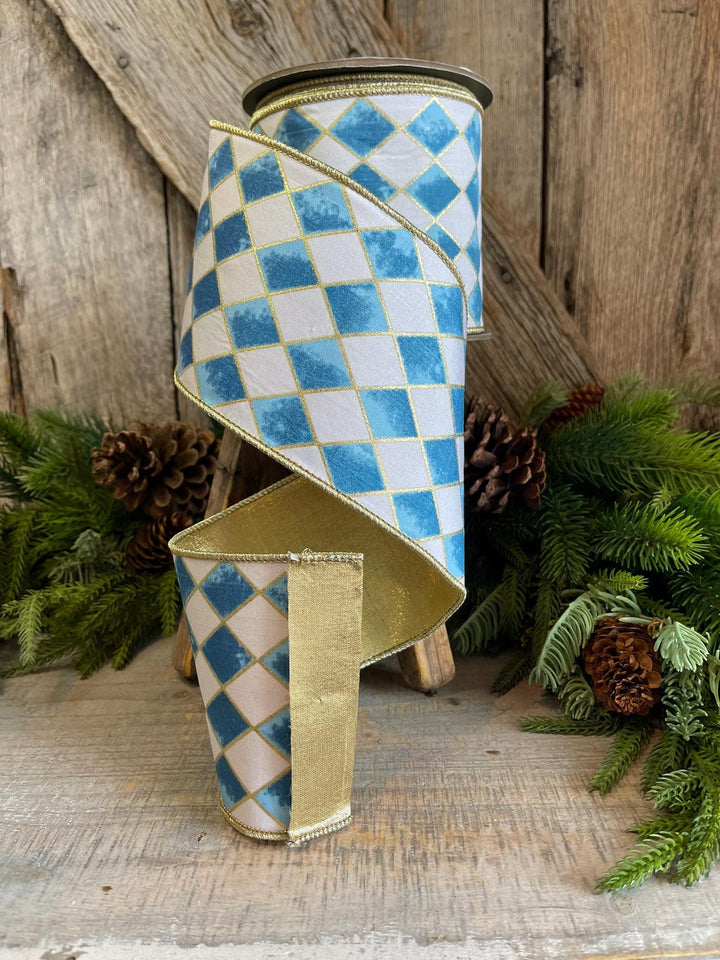 4" Harlequin ribbon, Blue and White Jester Ribbon