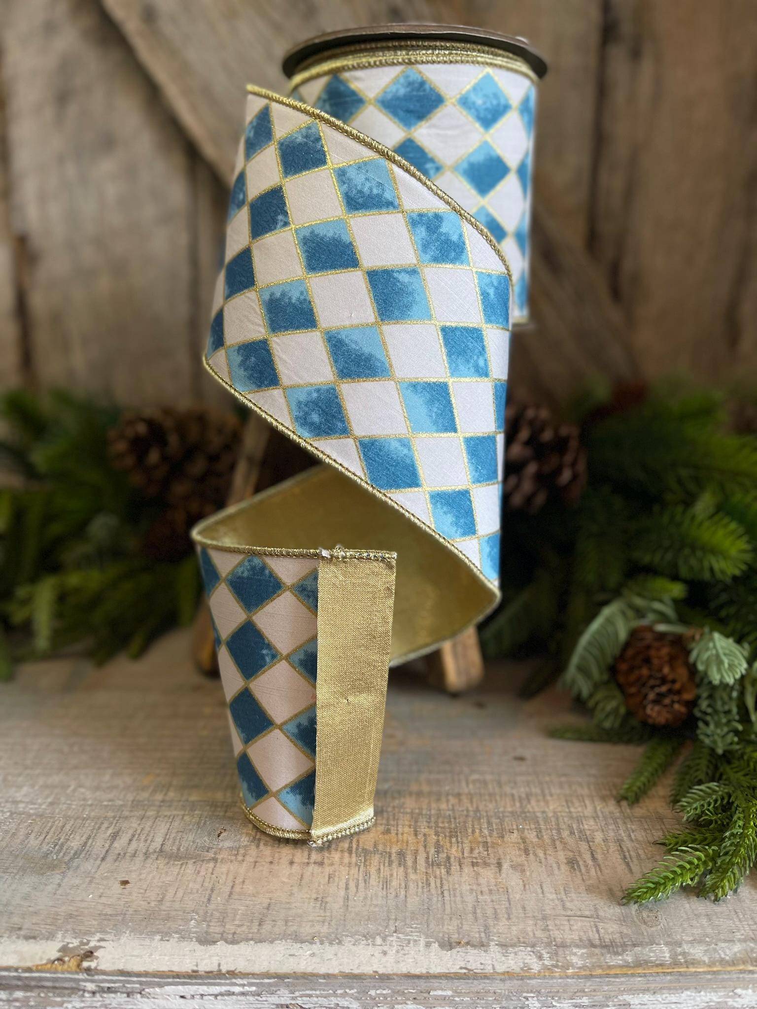 4" Harlequin ribbon, Blue and White Jester Ribbon, Harlequin RIbbon
