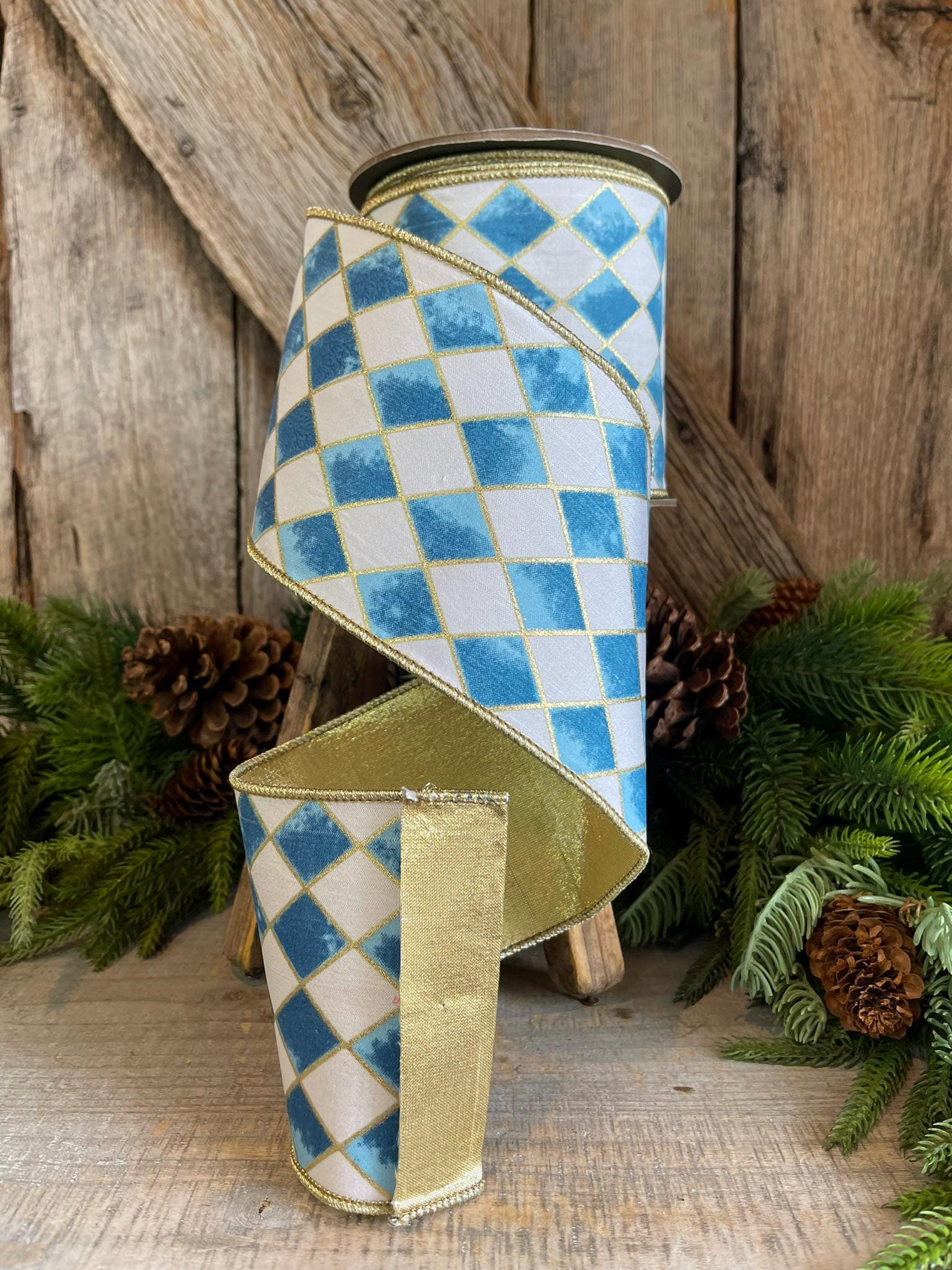 4" Harlequin ribbon, Blue and White Jester Ribbon, Harlequin RIbbon