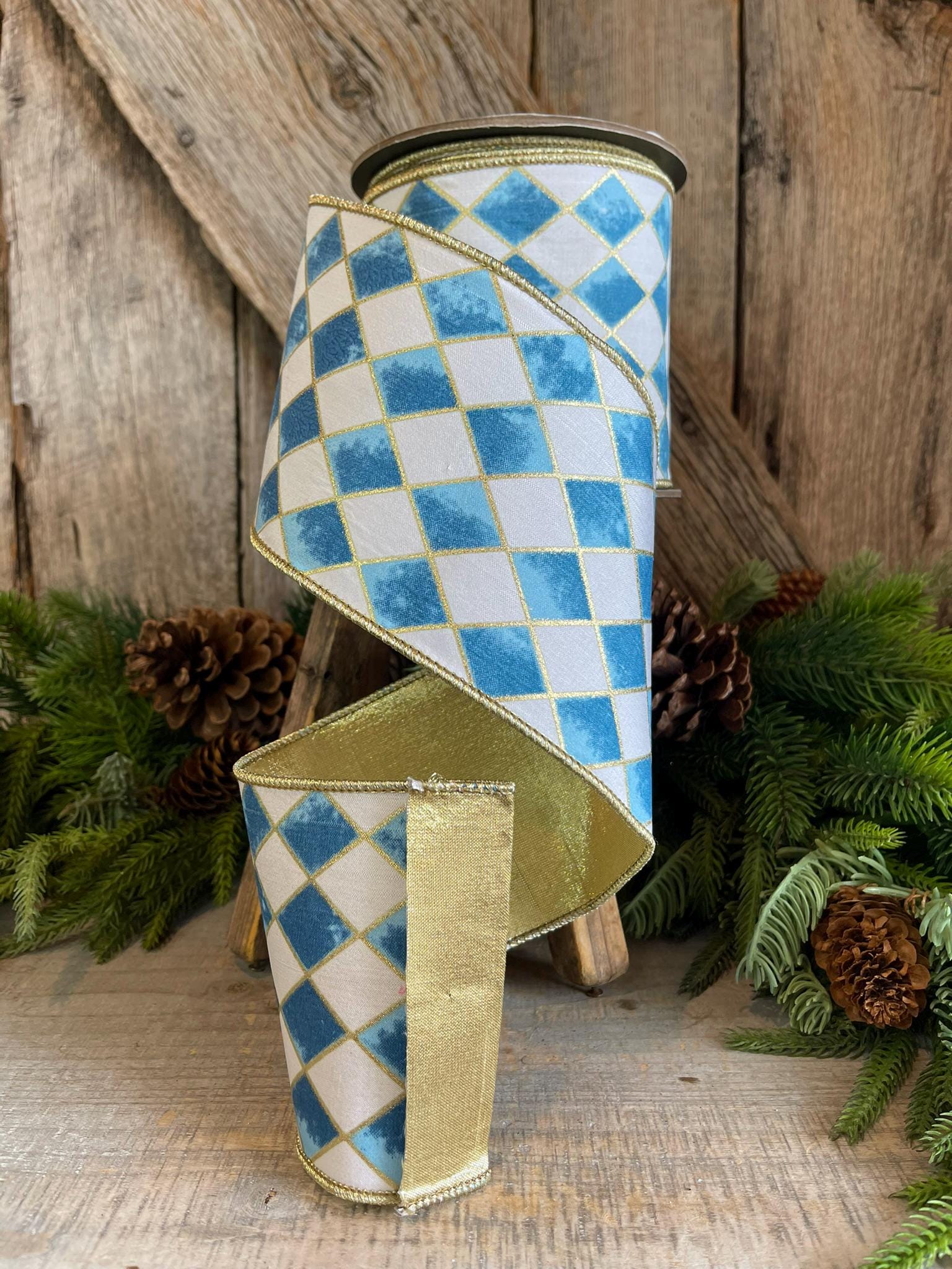 4" Harlequin ribbon, Blue and White Jester Ribbon, Harlequin RIbbon