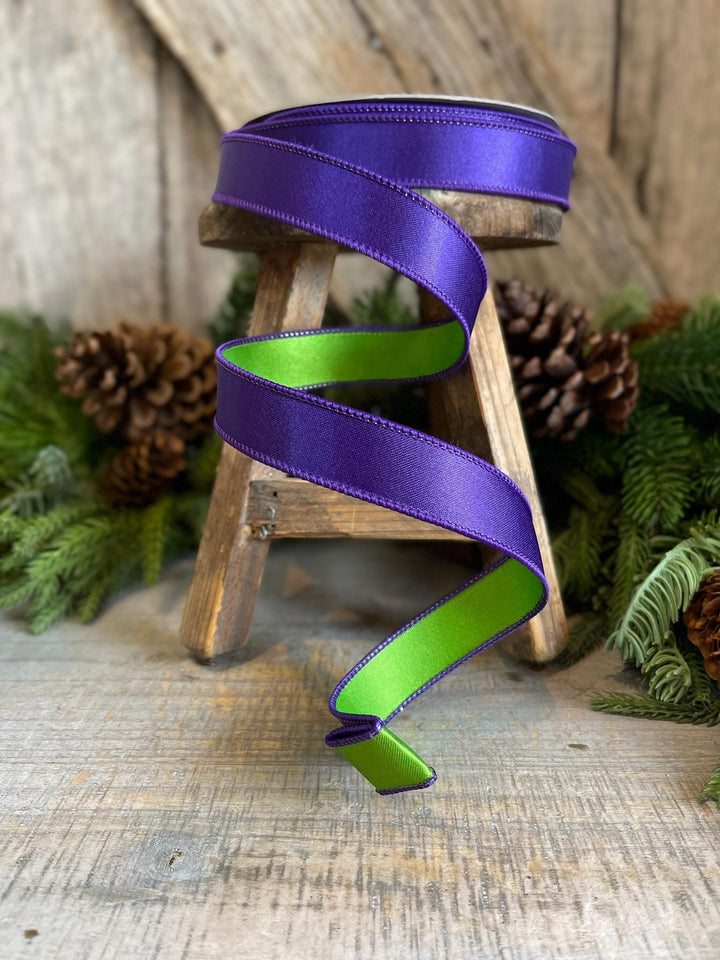 1" Purple Green Satin Ribbon, Farrisilk Ribbon, Wired Ribbon