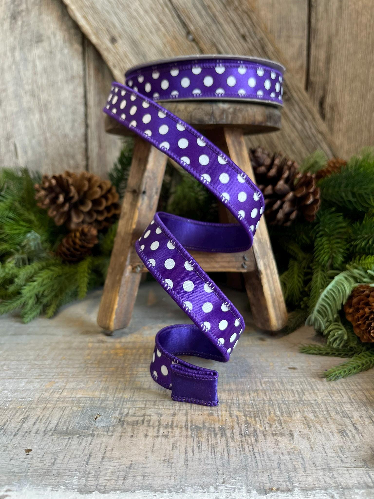 1" Purple Mini Dots, Farrisilk Ribbon, Wired Ribbon