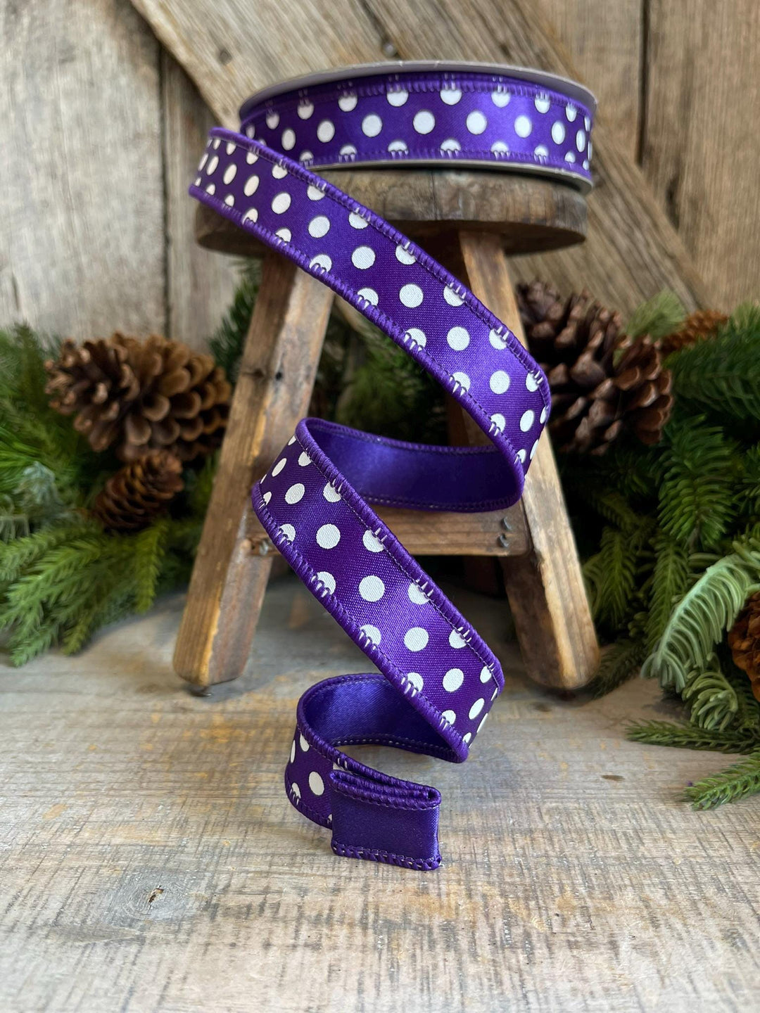 1" Purple Mini Dots, Farrisilk Ribbon, Wired Ribbon