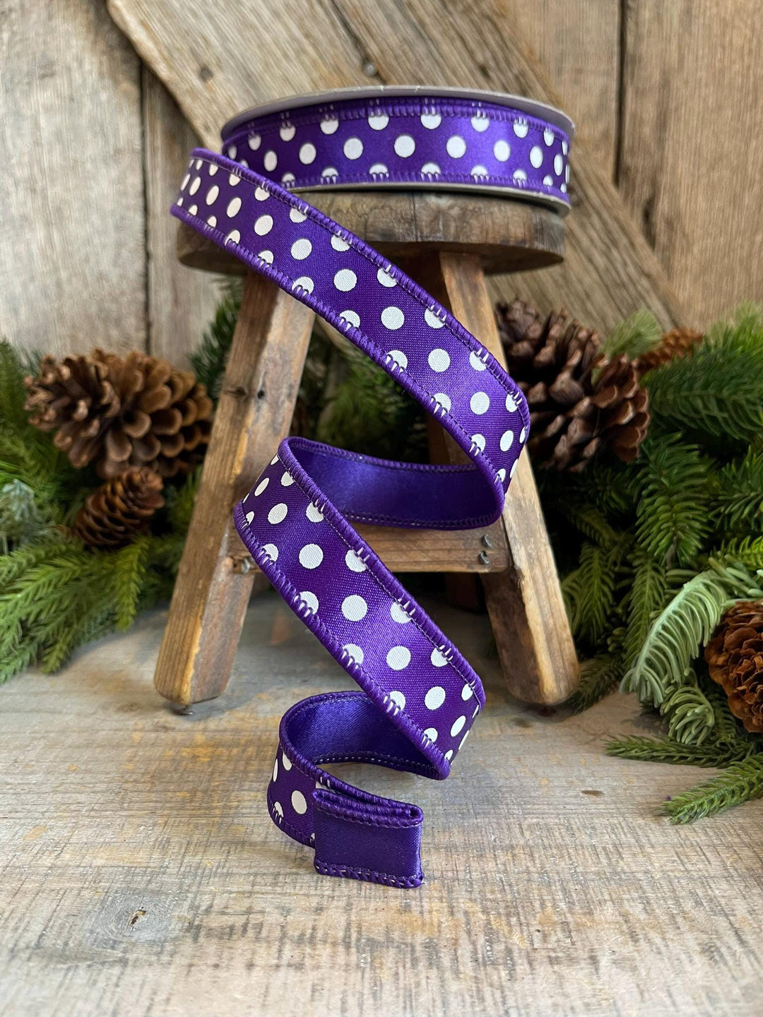 1" Purple Mini Dots, Farrisilk Ribbon, Wired Ribbon