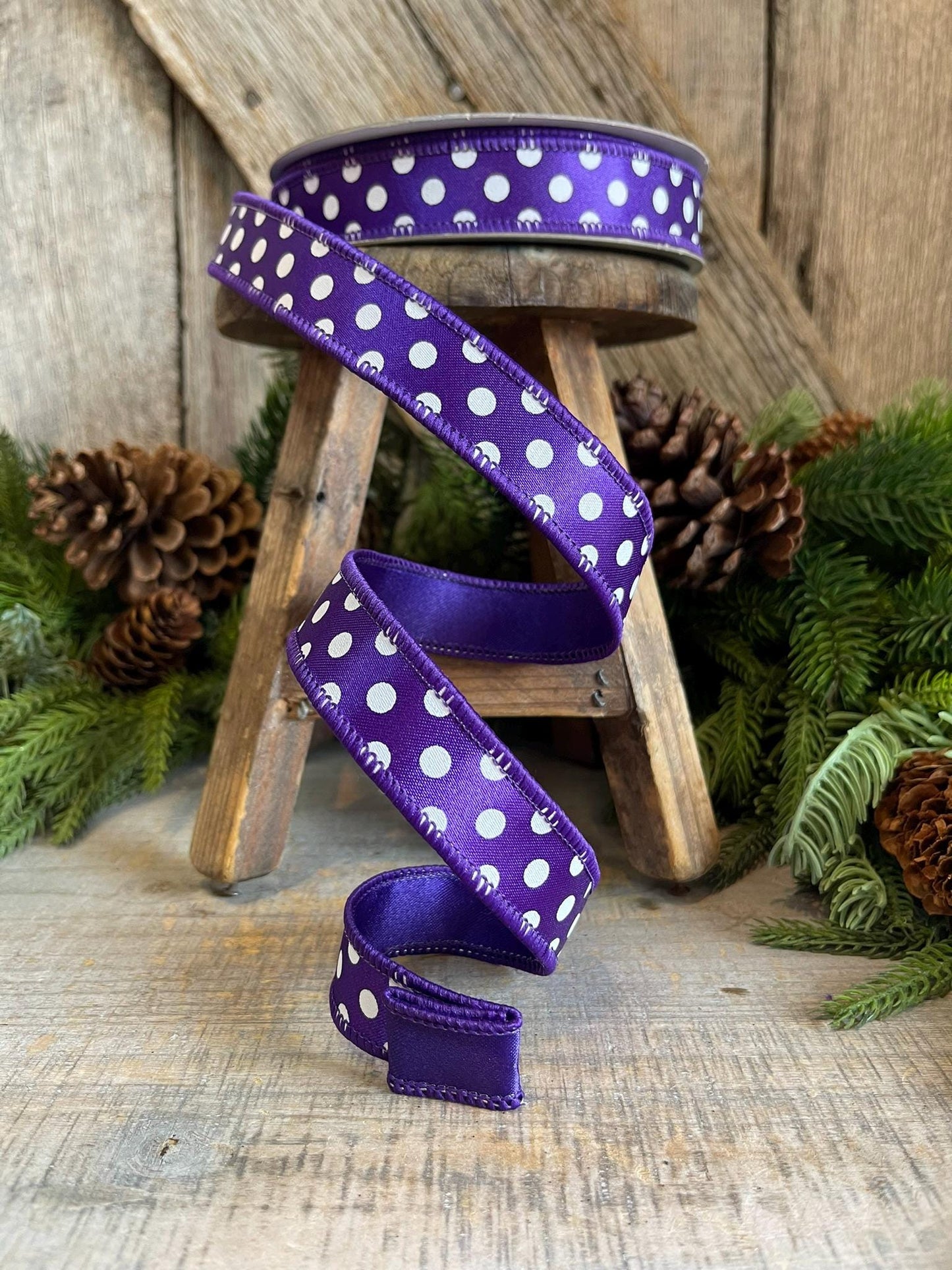 1" Purple Mini Dots, Farrisilk Ribbon, Wired Ribbon