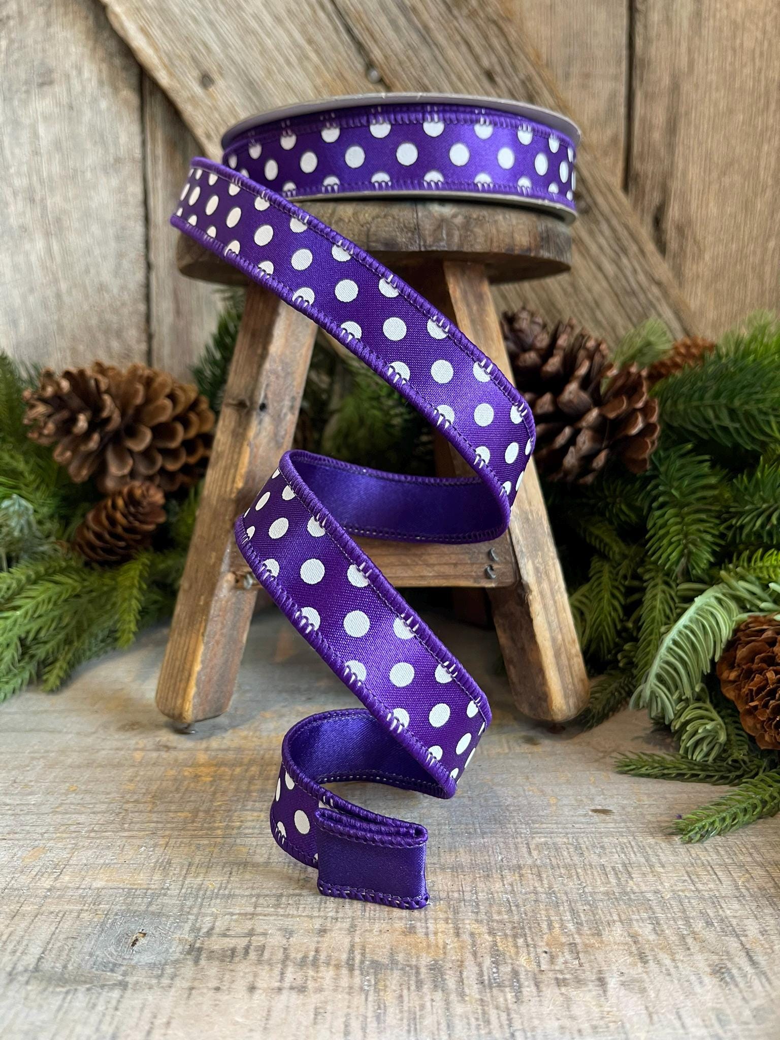 1" Purple Mini Dots, Farrisilk Ribbon, Wired Ribbon