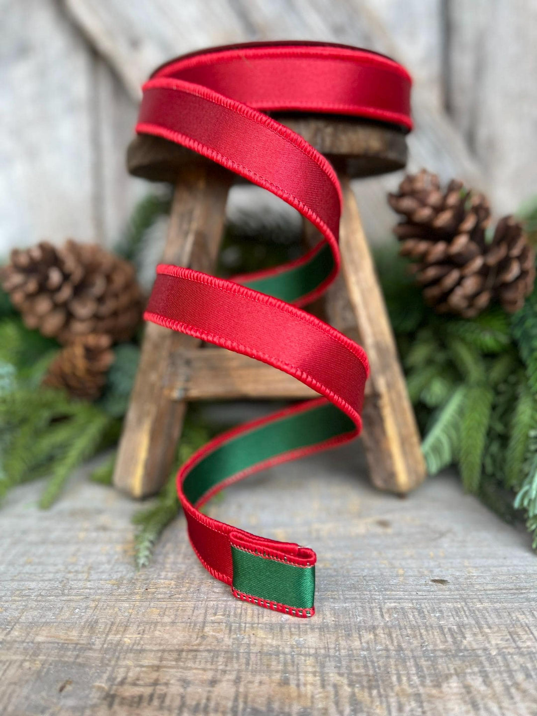 1" Red Green Satin Duo Ribbon, Farrisilk Ribbon, Christmas Ribbon