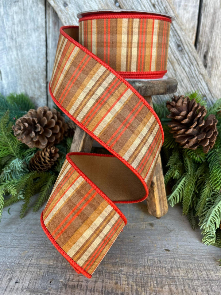 2.5" Candy Corn Plaid Ribbon, Orange Prescott Plaid Ribbon, Farrisilk Ribbon