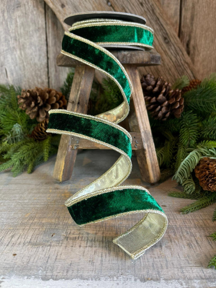 1" Emerald and Gold Velvet Ribbon, Emerald Green Velvet Ribbon, Wired Ribbon