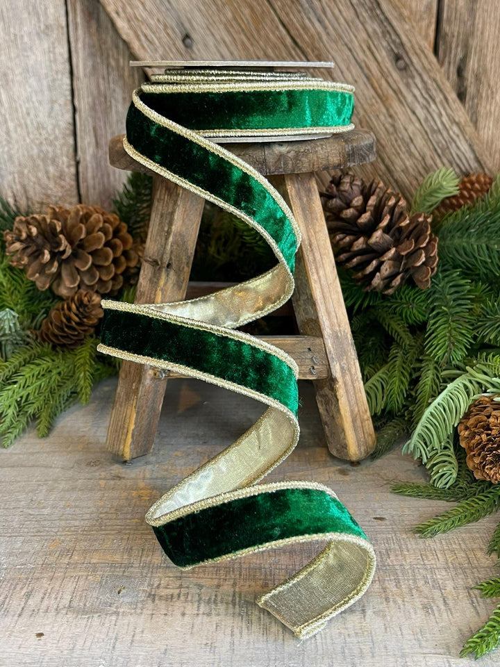 1" Emerald and Gold Velvet Ribbon, Emerald Green Velvet Ribbon, Wired Ribbon