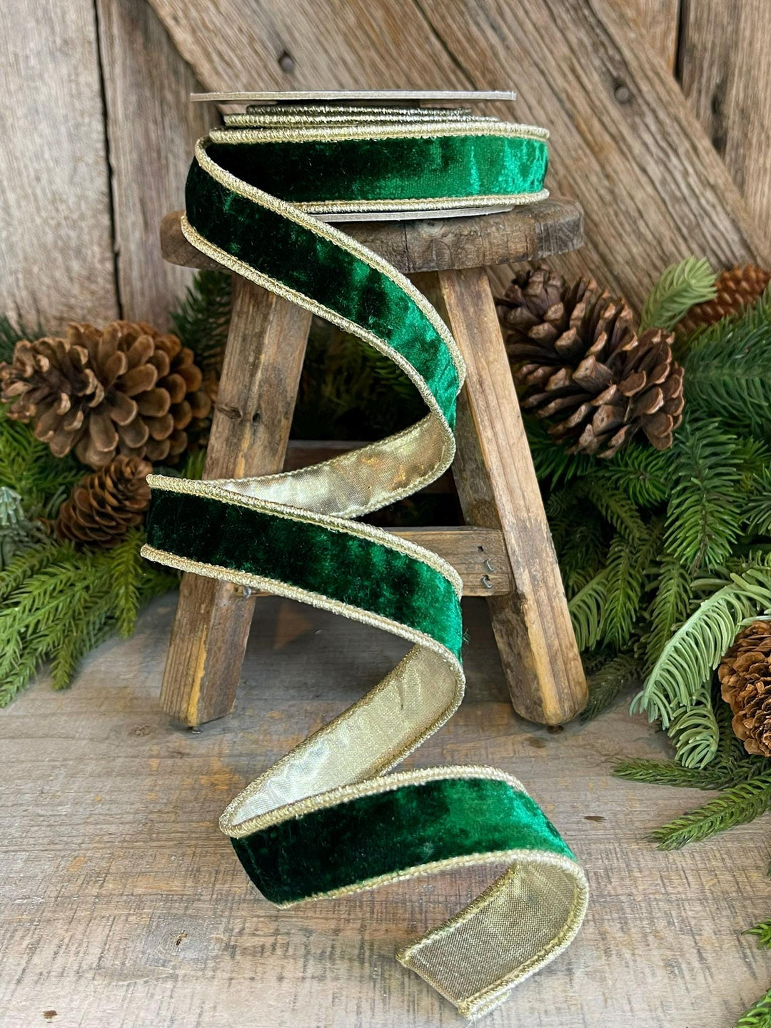 1" Emerald and Gold Velvet Ribbon, Emerald Green Velvet Ribbon, Wired Ribbon