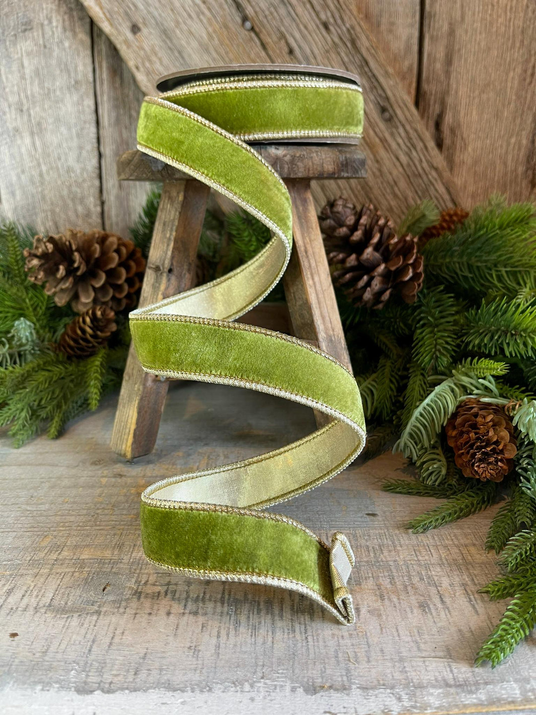 1" Moss Green Velvet Ribbon, Lime Green Velvet Ribbon, Wired Ribbon