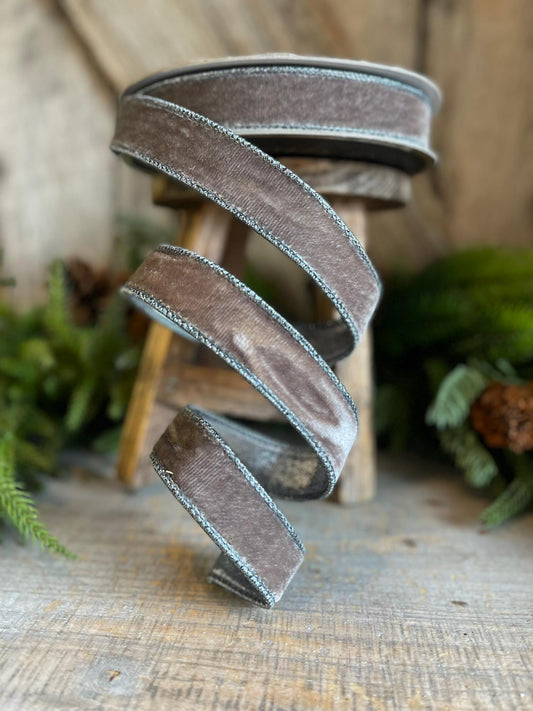 1" Gray Velvet Wired Ribbon, Steel Gray Ribbon, Velvet Ribbon