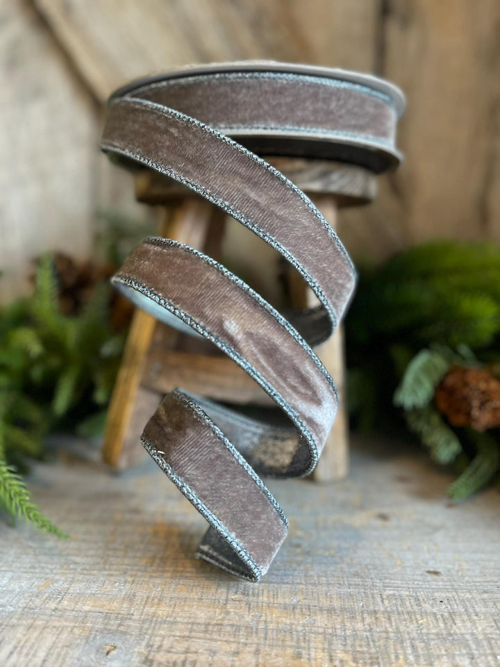 1" Gray Velvet Wired Ribbon, Steel Gray Ribbon, Velvet Ribbon