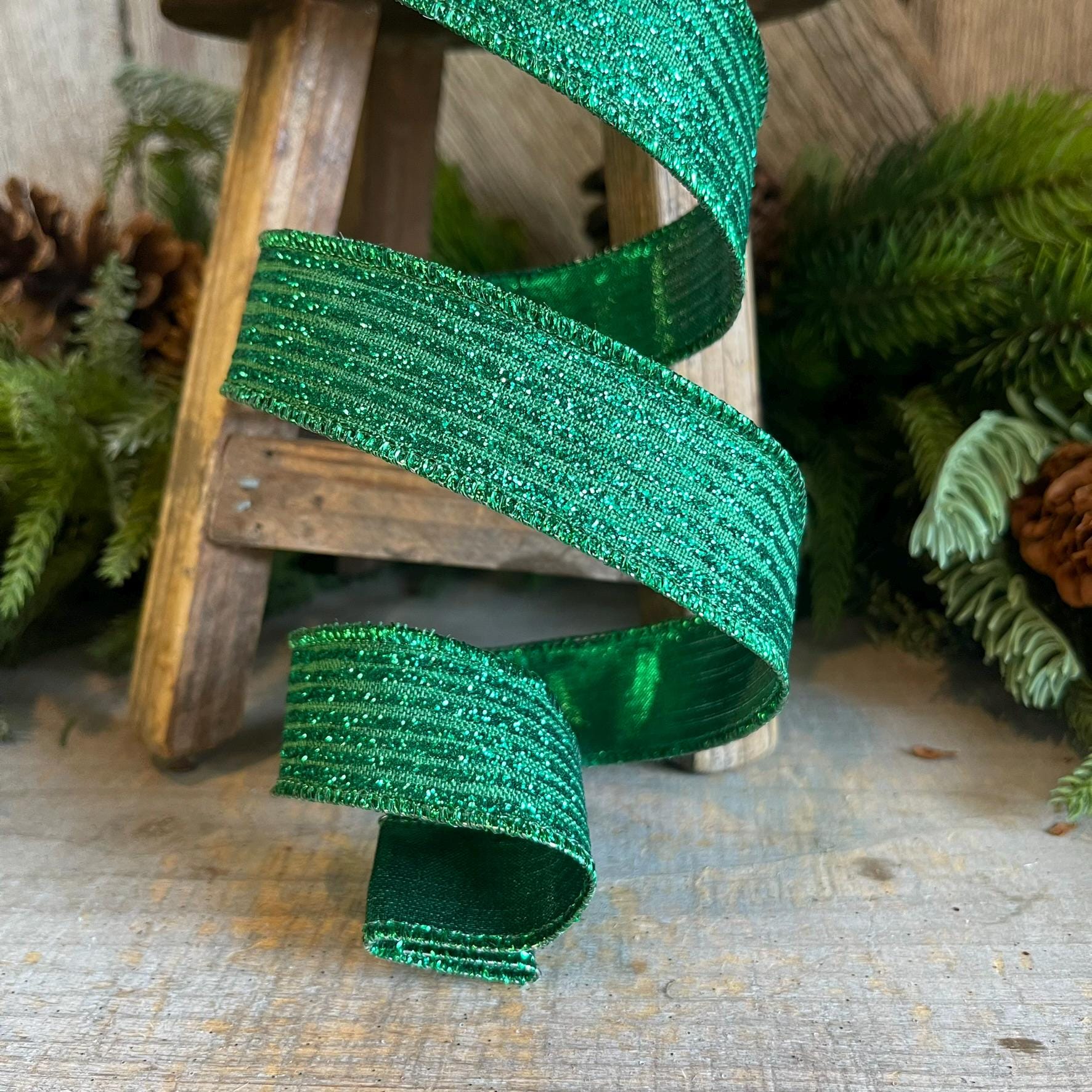 1" Emerald Green Random Stripes Ribbon, Farrisilk ribbon, wired Ribbon