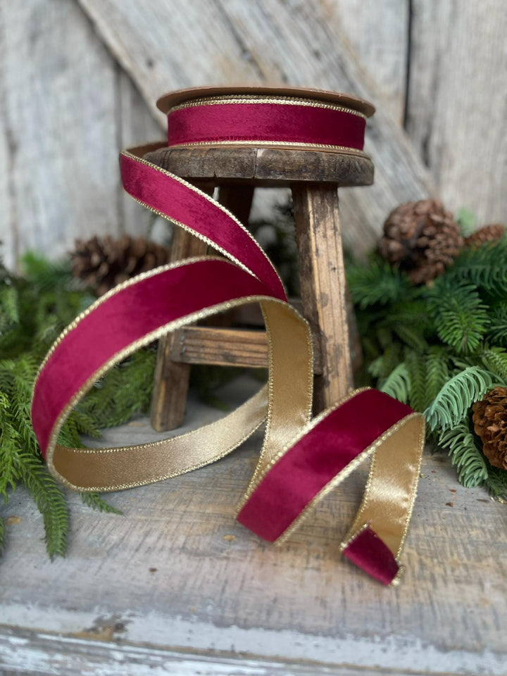 1" Burgundy Gold Velvet Ribbon, Burgundy Velvet Ribbon, Christmas RIbbon