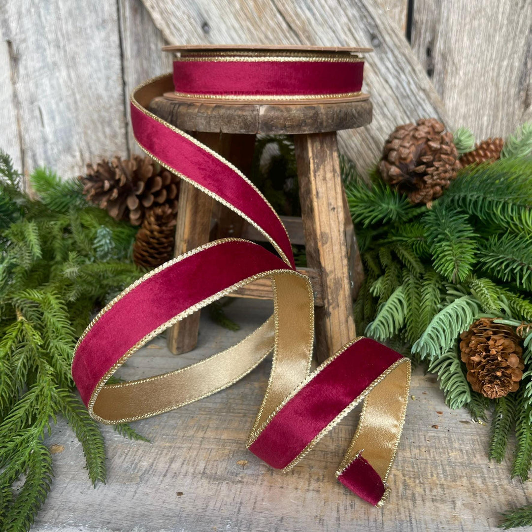1" Burgundy Gold Velvet Ribbon, Burgundy Velvet Ribbon, Christmas RIbbon