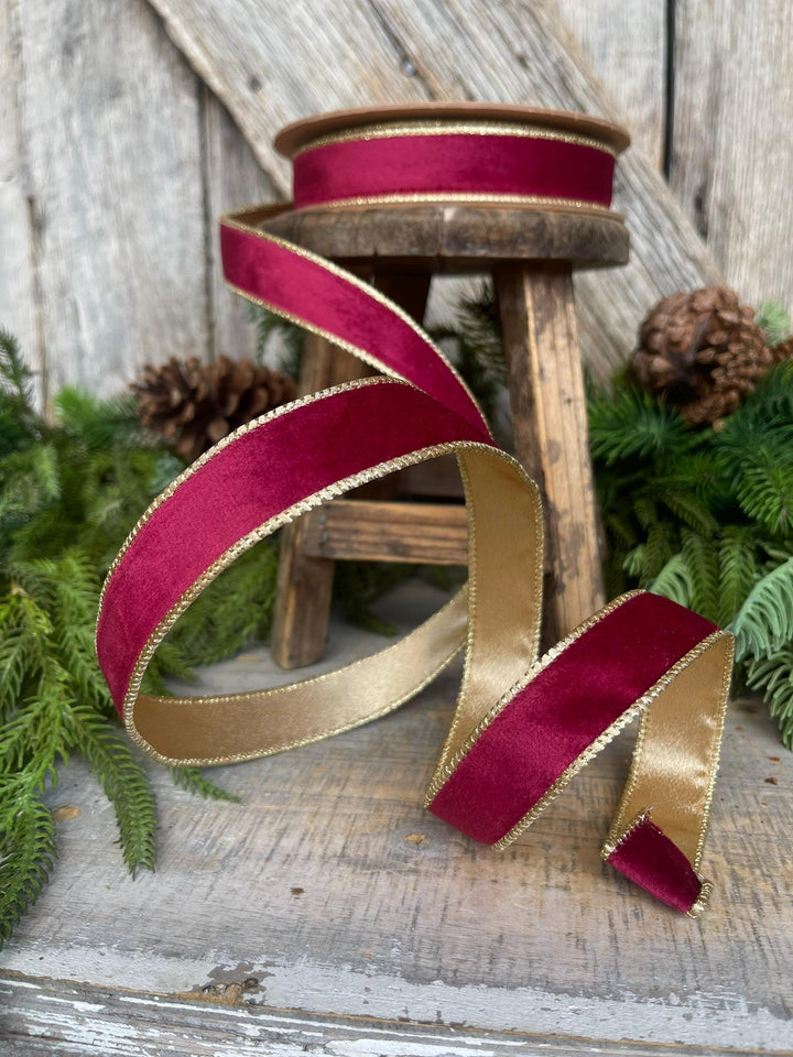 1" Burgundy Gold Velvet Ribbon, Burgundy Velvet Ribbon, Christmas RIbbon