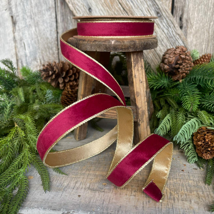 1" Burgundy Gold Velvet Ribbon, Burgundy Velvet Ribbon, Christmas RIbbon