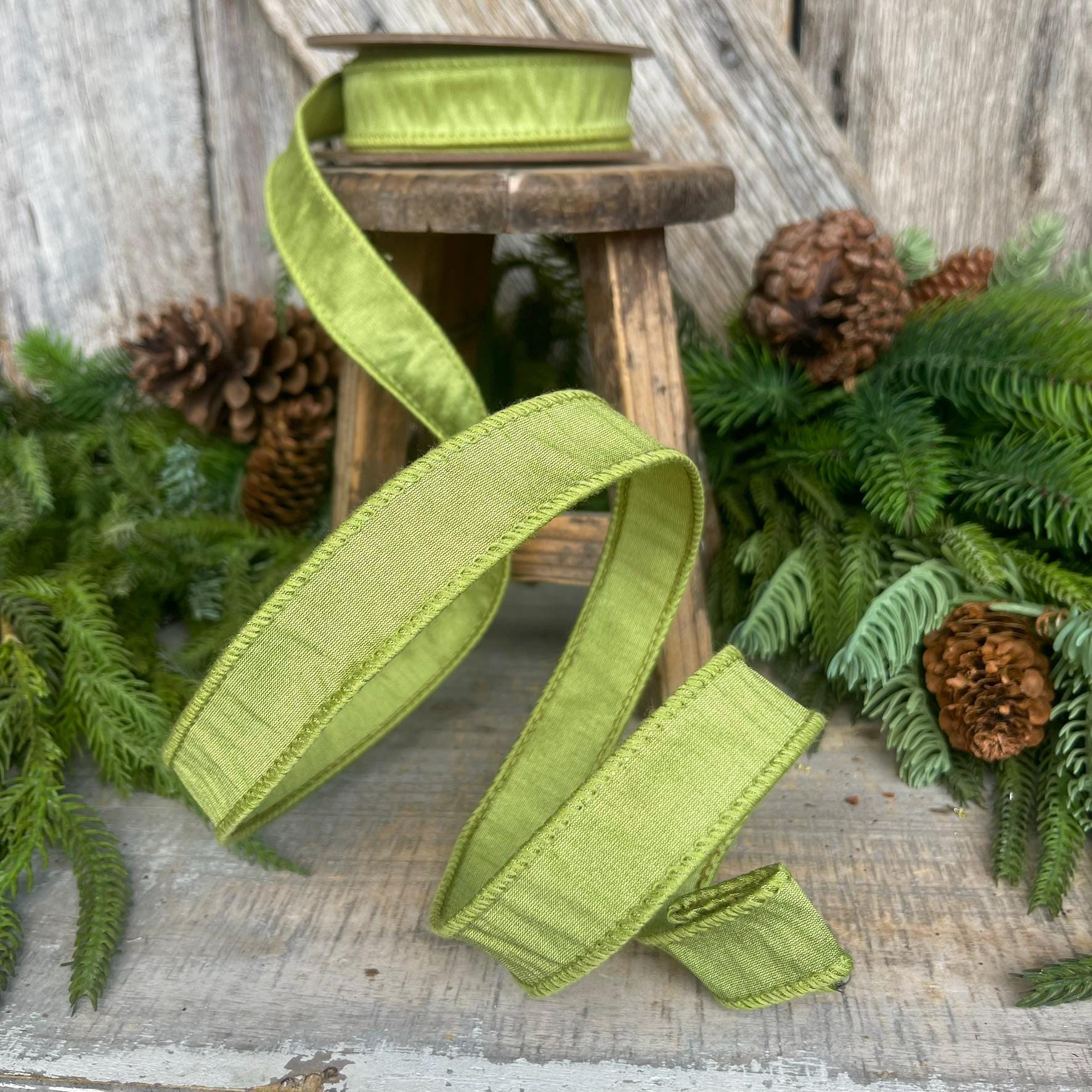 1" Moss Green Ribbon, Wired RIbbon, CHristmas RIbbon