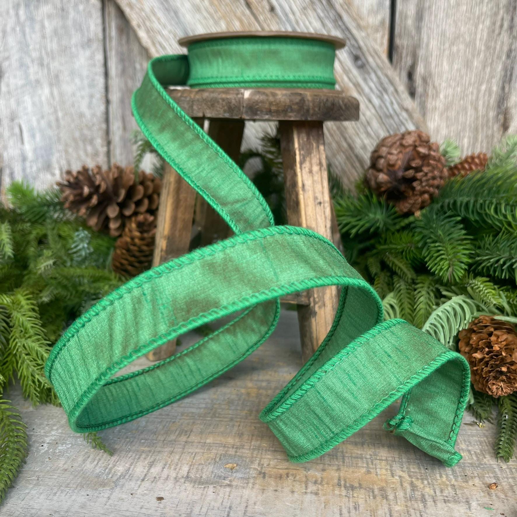 1" Emerald Green Dupioni Ribbon, Wired Ribbon, Narrow Ribbon