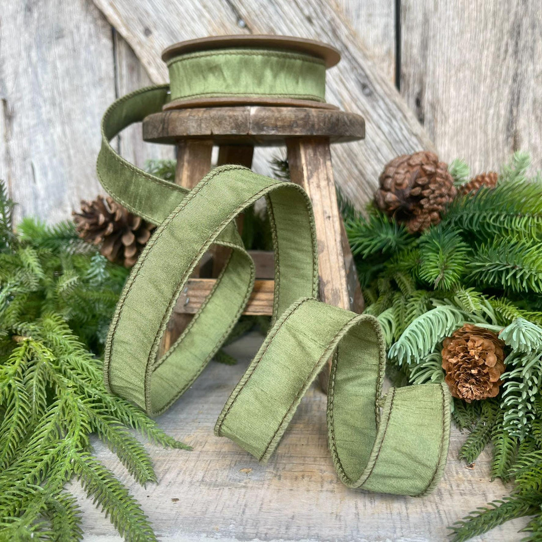 1" Dark Moss Green Ribbon, Wired RIbbon, Spring RIbbon