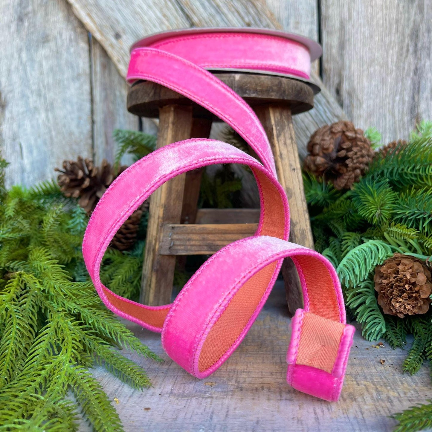 1" Pink Orange Sherbert Velvet Ribbon, Farrisilk Ribbon, Wired Ribbon