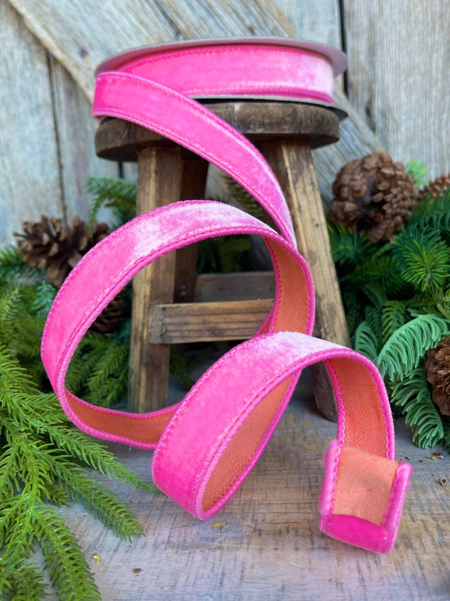 1" Pink Orange Sherbert Velvet Ribbon, Farrisilk Ribbon, Wired Ribbon