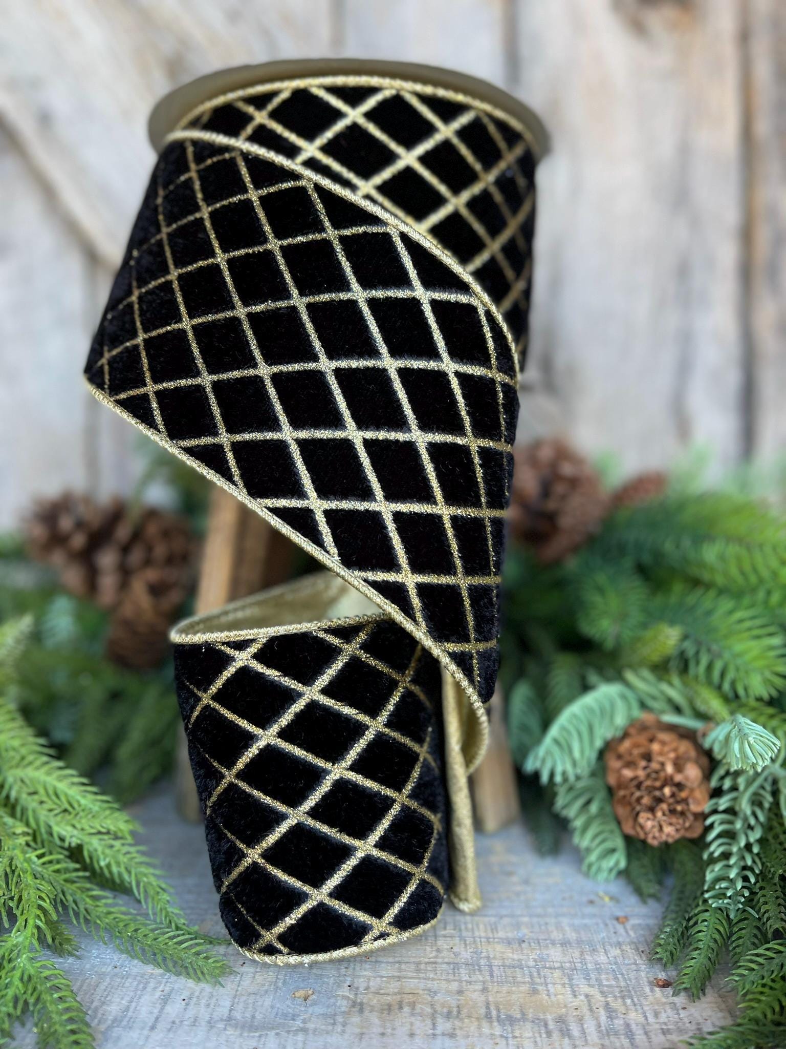 4" Black Gold Metallic Diamonds Velvet Ribbon, Farrisilk Ribbon