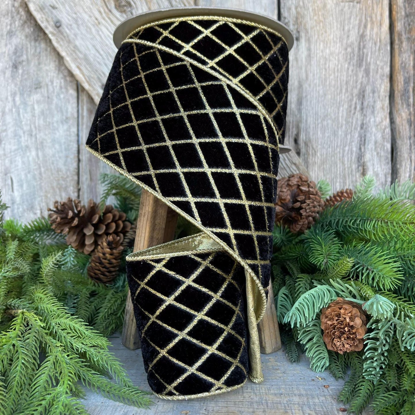 4" Black Gold Metallic Diamonds Velvet Ribbon, Farrisilk Ribbon