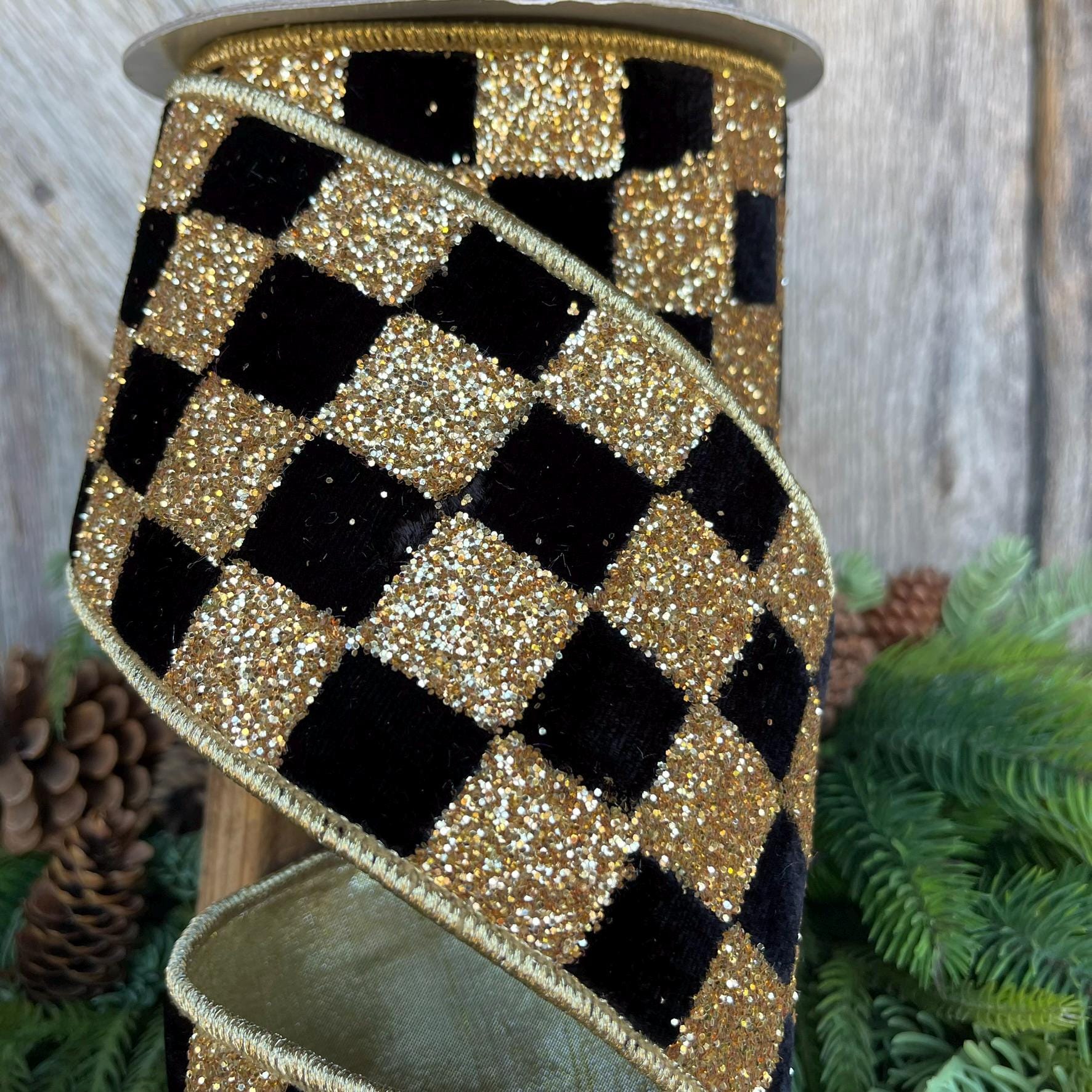 4" Black and Gold Chunky Glitter Checks, Christmas Tree Ribbon, Black and Gold Ribbon