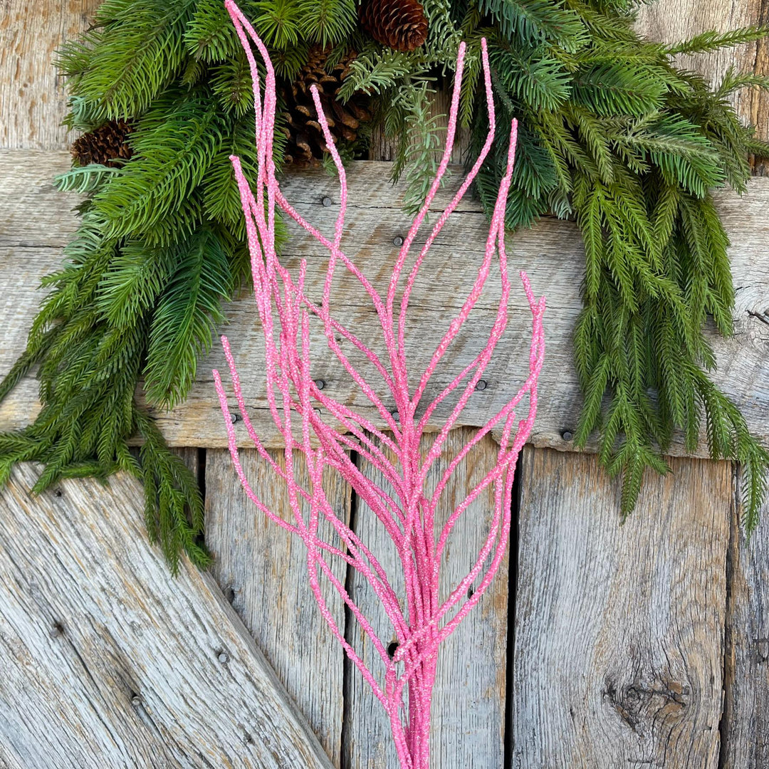 30" Pink Glitter Twig Christmas Spray, Pink Christmas Spray, Christmas Floral Stem