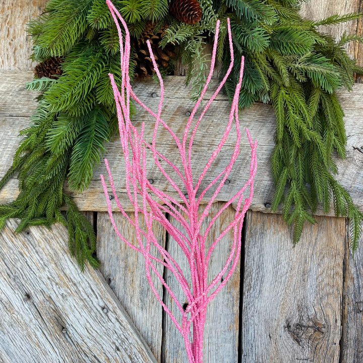 30" Pink Glitter Twig Christmas Spray, Pink Christmas Spray, Christmas Floral Stem