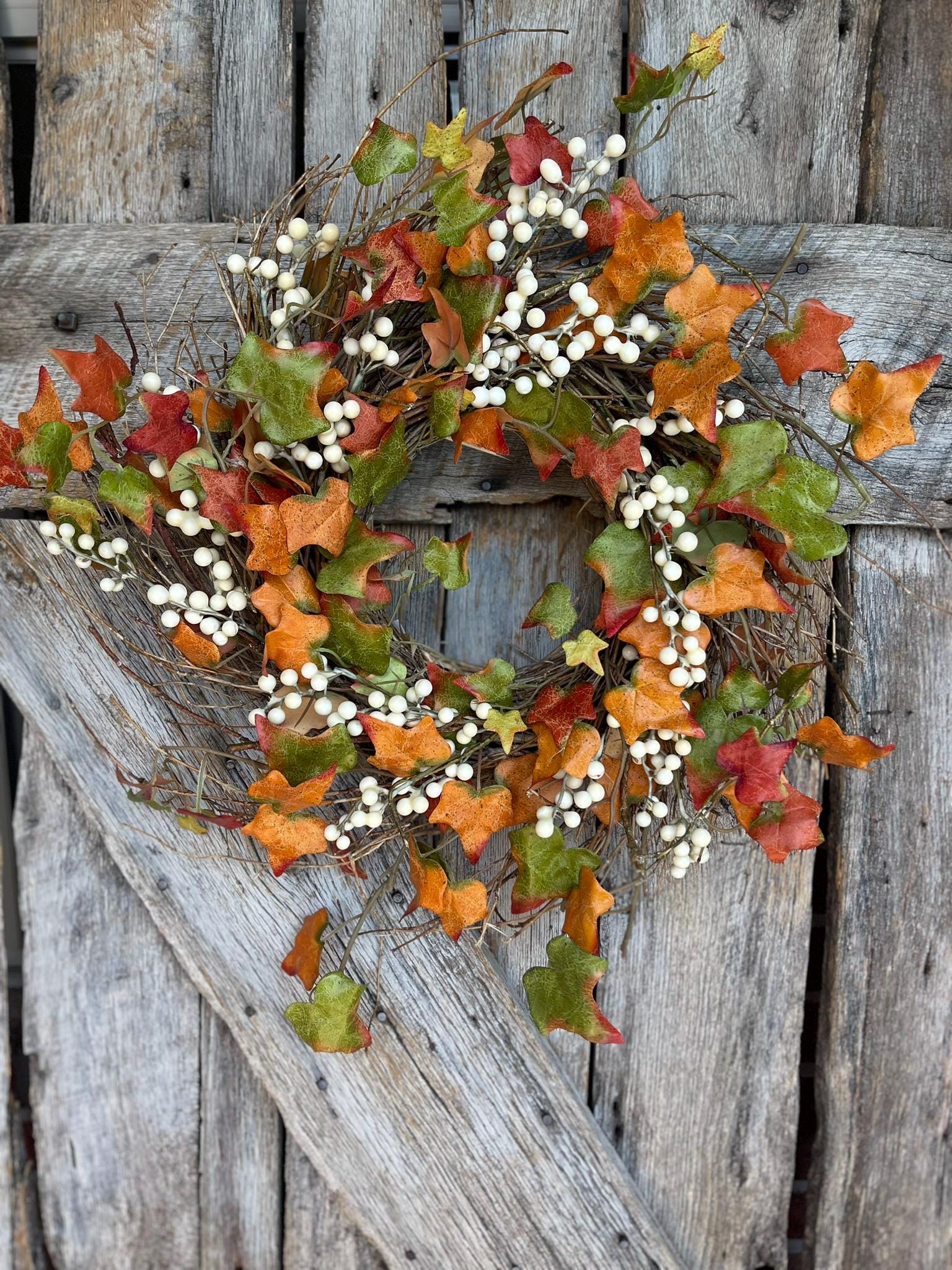 22" Fall Leaves Taupe Berry Wreath, Artificial Fall Wreath