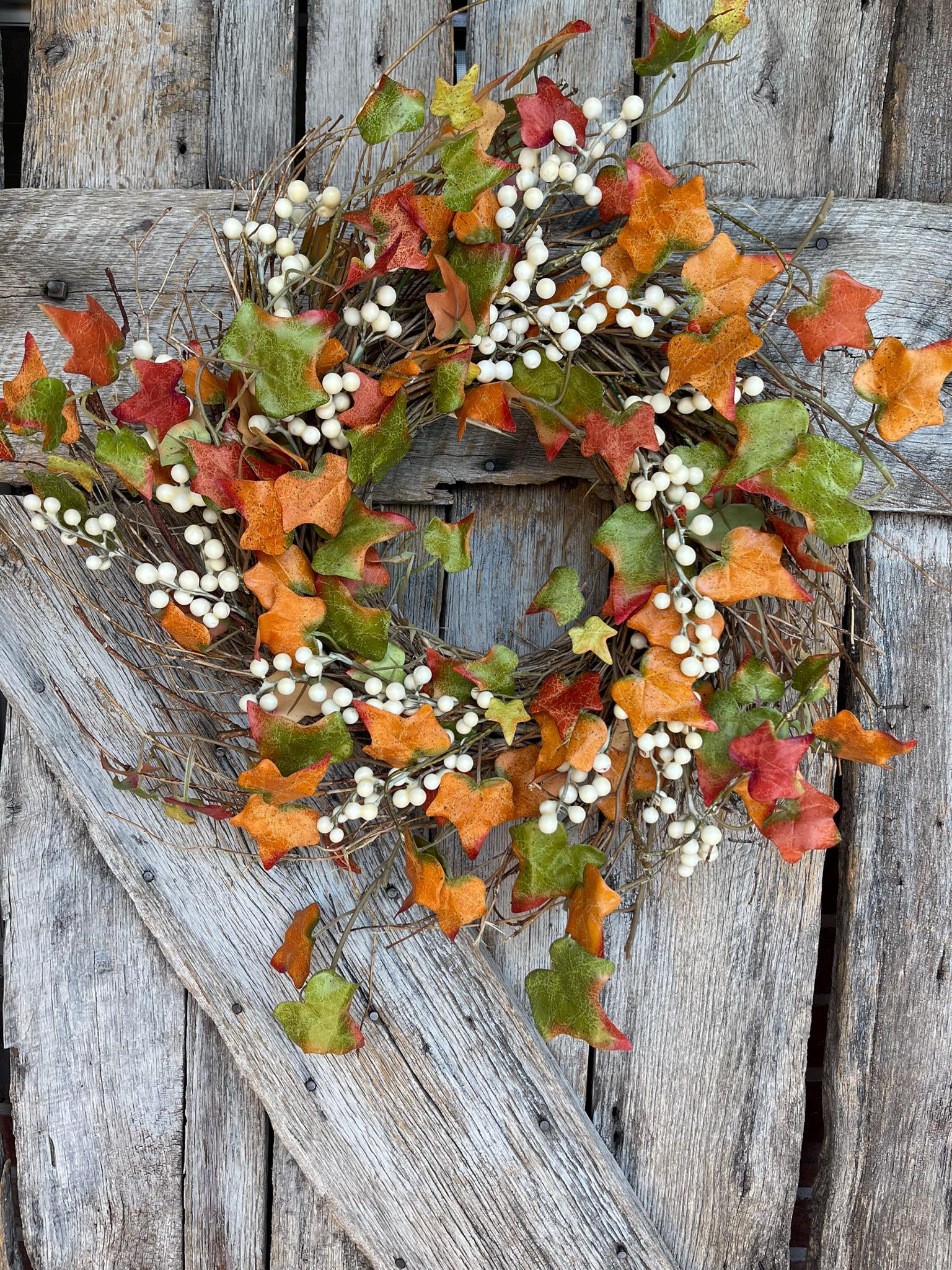 22" Fall Leaves Taupe Berry Wreath, Artificial Fall Wreath