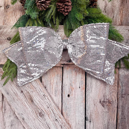 24" Silver Sequin Bow, Farrisilk Bow, Tree Bow