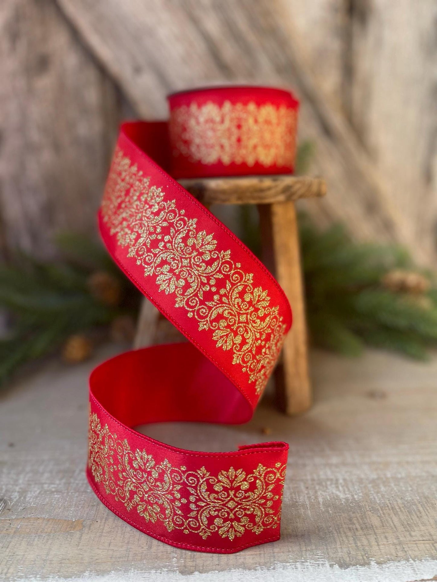 2.5" Farrisilk Red and Gold Kingston Manor Wired Ribbon, Red Gold Christmas Ribbon, Ribbon for Christmas Tree