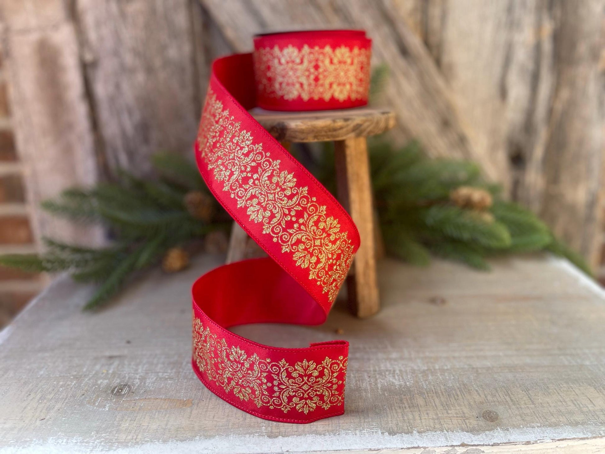 2.5" Farrisilk Red and Gold Kingston Manor Wired Ribbon, Red Gold Christmas Ribbon, Ribbon for Christmas Tree