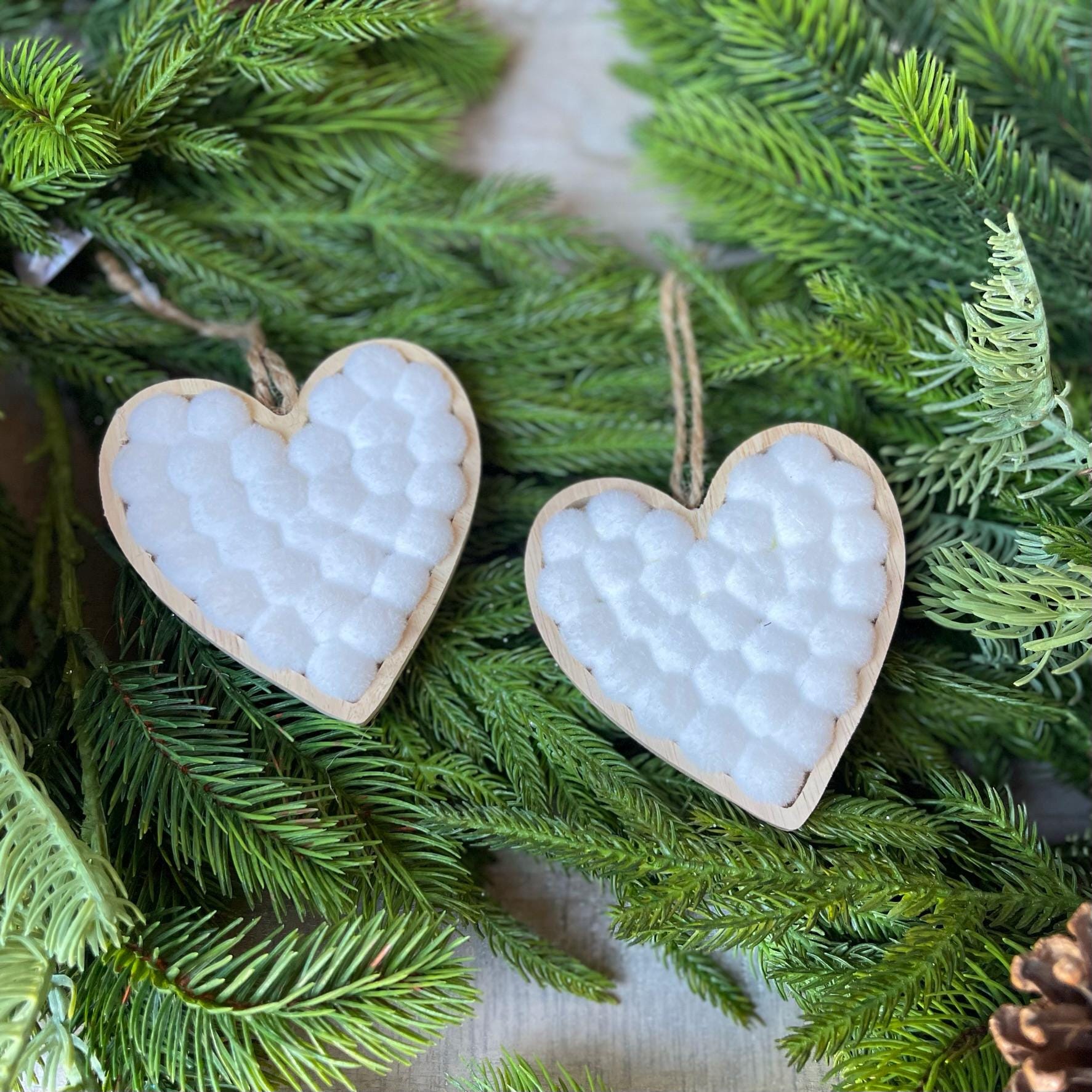 4" Heart Ornaments, Set of 2, White Heart Ornments