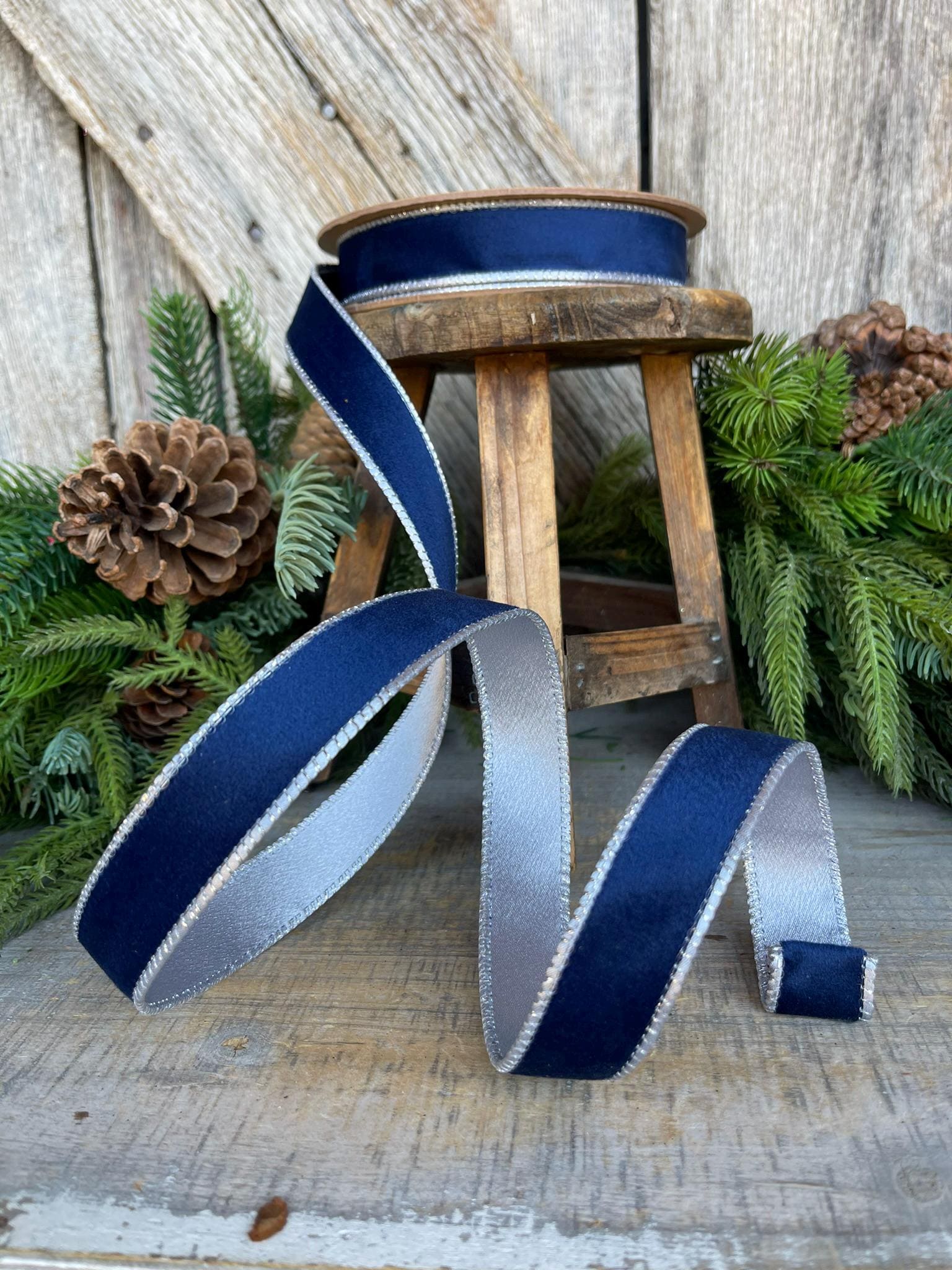 1" Navy Blue Velvet Ribbon, Navy Velvet Ribbon, Wired Ribbon