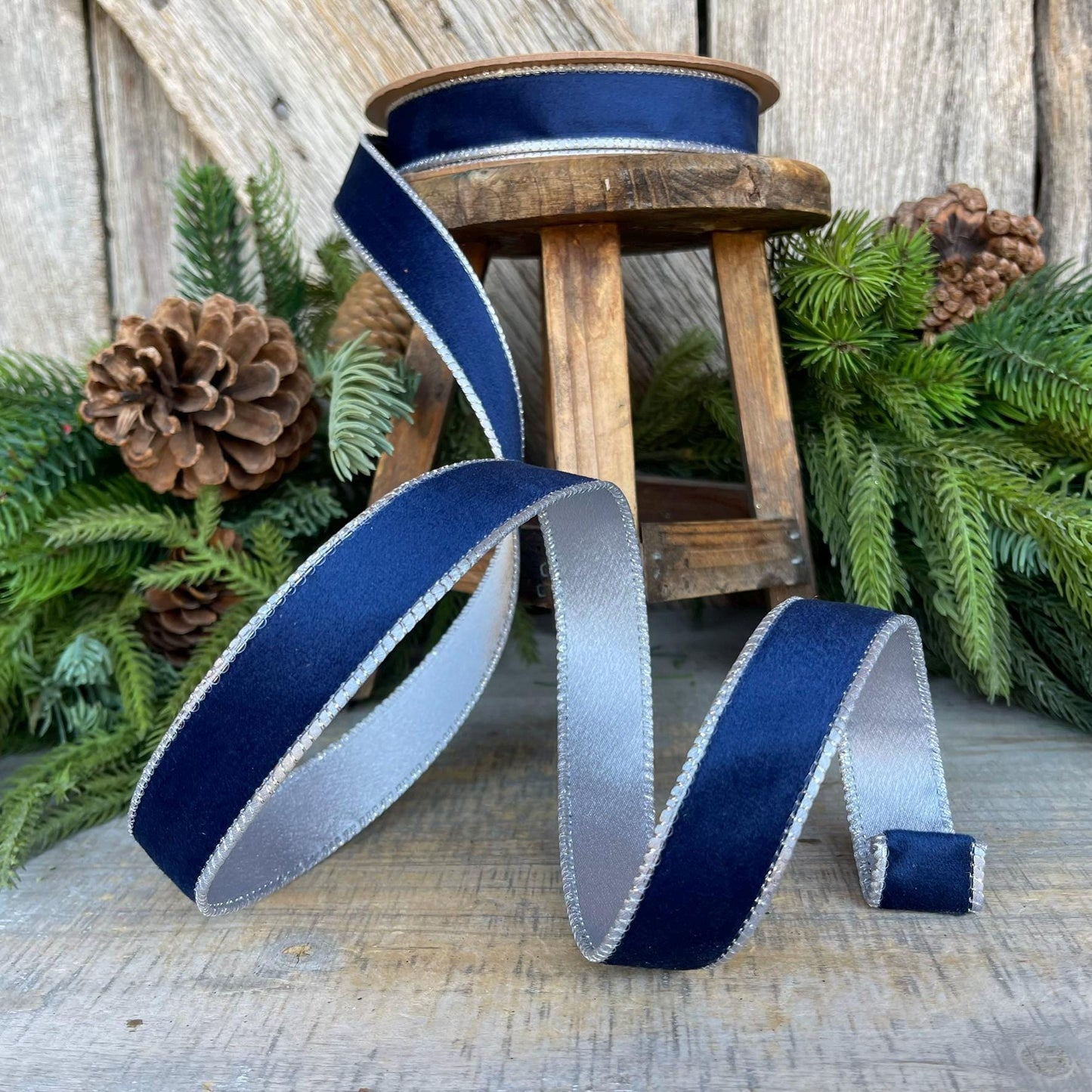 1" Navy Blue Velvet Ribbon, Navy Velvet Ribbon, Wired Ribbon