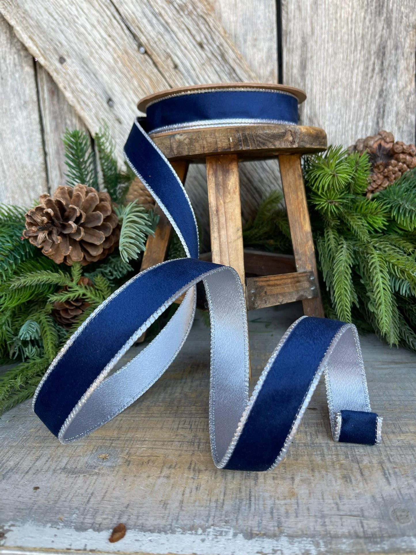 1" Navy Blue Velvet Ribbon, Navy Velvet Ribbon, Wired Ribbon