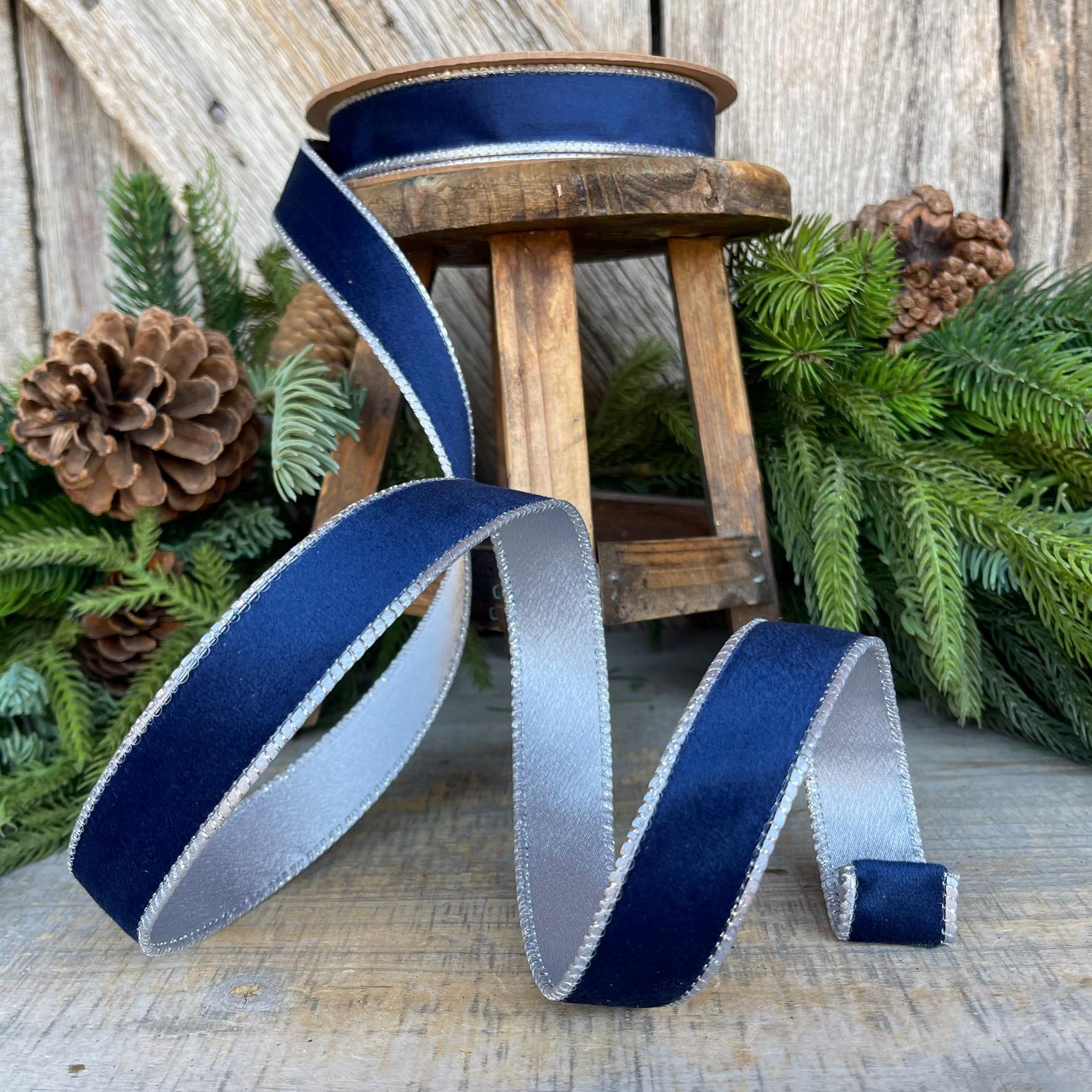 1" Navy Blue Velvet Ribbon, Navy Velvet Ribbon, Wired Ribbon